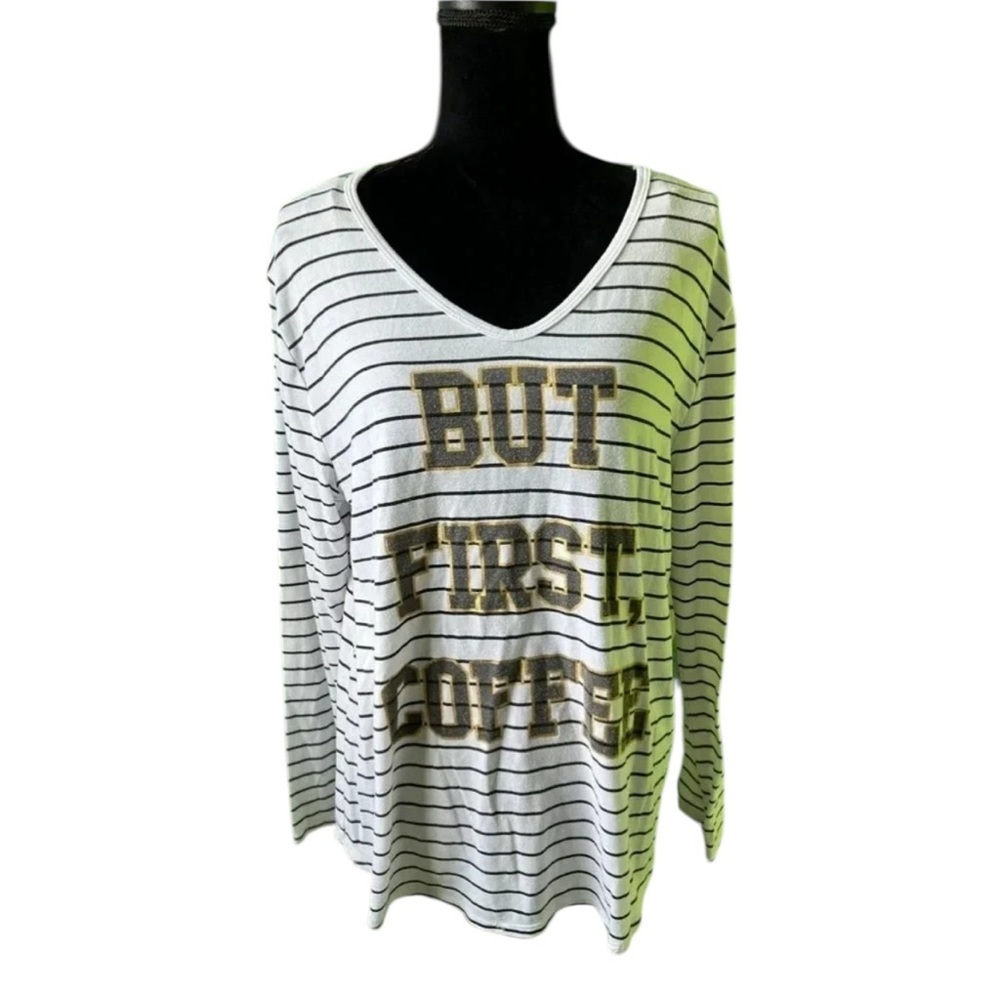 Fifth Sun Womens‎ White But First Coffee Striped Graphic Long Sleeve Top Medium